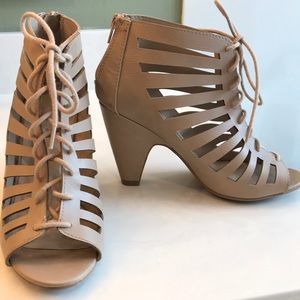 Nude laced open toe heels